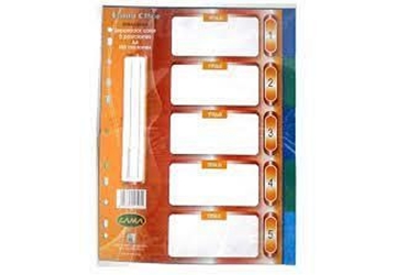 Separador plástico Carta/A4, 5 posiciones de diferentes colores, Polipropileno, en forma de indice, 150 micrones, múltiples perforaciones