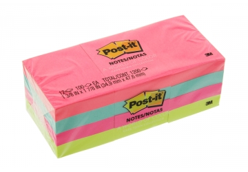 Tacos adhesivos Post-it de 3M  653, 38 x 50 mm pack x 12 fluo, cada block contiene 100 hojas. 