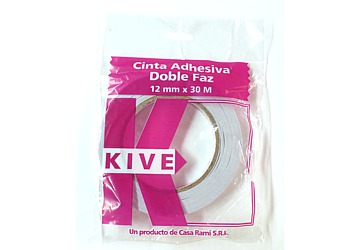 Cinta adhesiva bifaz 12 mm x 30 mts, pega de ambos lados. Diametro interior: 7.5 cm