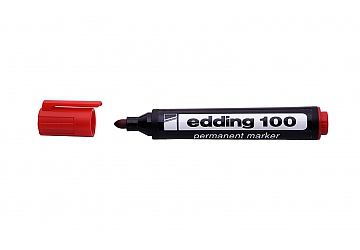 Marcador Edding 100 de punta redonda, cuerpo plástico,  trazo ancho y uniforme, tinta permanente al alcohol, se caracteriza por eficacia (opacidad y secado rápido) sobre superficies rugosas, grasas o sucias. Punta 1.5 - 3 mm 