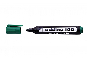 Marcador Edding 100 de punta redonda, cuerpo plástico,  trazo ancho y uniforme, tinta permanente al alcohol, se caracteriza por eficacia (opacidad y secado rápido) sobre superficies rugosas, grasas o sucias. Punta 1.5 - 3 mm 