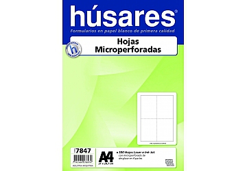 Hojas A4 microperforadas en cruz Húsares x 500 hjs (7844). Microperforado de precisión: divide la hoja en partes permitiéndo el máximo aprovechamiento del papel. Por sus micro perforaciones, luego de desglosar por la linea de puntos, no quedan residuos en los bordes, dejándo el borde del papel con un aspecto liso y limpio. Apto láser