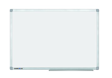 Pizarra blanca Magnética 100 x 150 cm, para pared. Superficie de acero laqueado. Superficie Magnetica: se puede adosar notas escritas con imanes. Superficie apta para escribir y borrar en seco; se puede escribir con marcadores para pizarras. Marco de aluminio con punteras de plastico grises. 
