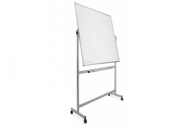 Pizarra blanca magnética de 120 x 180 cm, doble faz con pedestal giratorio móvil. Superficie blanca magnética esmaltada de acero. Se escribe con marcadores y se borra en seco, permite el uso de imanes. 