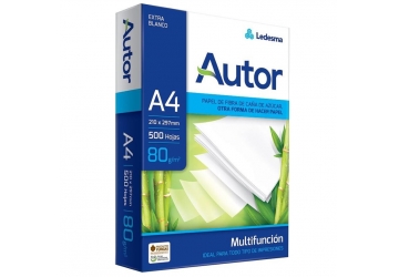Resma Autor A4, 80 grs, x 500 hojas, color ultra blanco, papel multipropósito para fotocopias y duplicaciones, 21 x 29.7 cm