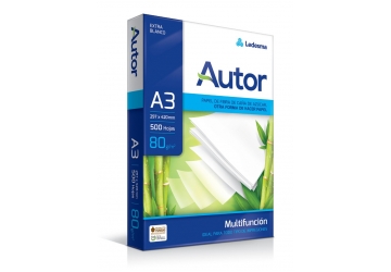 Resma Autor A3, 80 grs,  x 500 hojas, doble Iram, color ultra blanco, especial para fotocopias, impresiones ink jet y láser., 42 x 29.7cm