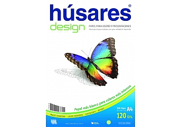 Resma Husares Design de 120grs. 21x29.7 cm A4, papel especialmente cubierto para generar excelentes resultados en fotocopiadoras color e impresoras inkjet y laser color, transparentándose menos las imágenes y/o el texto a través de la hoja. (7880)