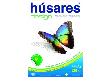 Resma Husares Design de 120 grs. x 300 hojas, 21x29.7 cm A4, papel especialmente cubierto para generar excelentes resultados en fotocopiadoras color e impresoras inkjet y laser color, transparentándose menos las imágenes y/o el texto a través de la hoja. (7878)