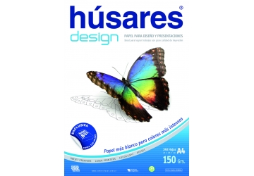 Resma Husares Design de 150 grs. x 240 hojas, 21x29.7 cm A4, papel especialmente cubierto para generar excelentes resultados en fotocopiadoras color e impresoras inkjet y laser color, transparentándose menos las imágenes y/o el texto a través de la hoja. (7870)