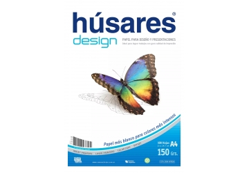 Resma Husares Design de 150 grs. x 100 hojas, 21x29.7 cm A4, papel especialmente cubierto para generar excelentes resultados en fotocopiadoras color e impresoras inkjet y laser color, transparentándose menos las imágenes y/o el texto a través de la hoja. (7858)