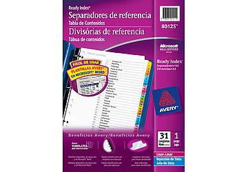 Separadores Indice Super Resistentes (Ready Index) - Indices de polipropileno de 120 micrones con lenguetas multicolor pre- impresas 1-31. Incluyen una tabla de contenido que puedes imprimir de manera fácil y rápida descargando el software de impresión. Multiples perforaciones. Laser/Ink Jet. Cod. 80125 (1-31). Medida: A4. 