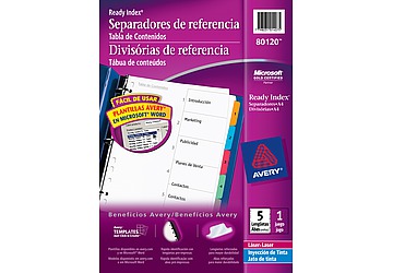 Separadores Indice Super Resistentes. Indices de polipropileno de 120 micrones con lenguetas multicolor pre- impresas 1-5. Poseen lengüetas pre-impresas con múltiples clasificaciones: numéricas, alfabética y mensual. Perforacion universal. Laser/Ink Jet. Cod. 80120 (1-5). Medida: A4. 