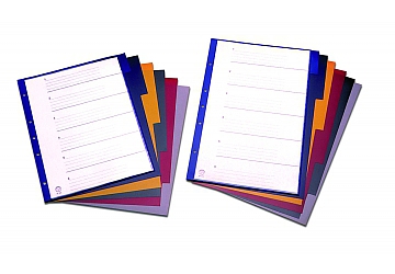 Separador plastico Clingsor Nro.103 A4 6 posiciones de diferentes colores, PVC 200 micrones de espesor en forma de indice para carpetas de 2 y 3 anillos. Poseen un bolsillo lateral en cristal con planilla indicadora. Medida: 24 x 29.7 cm