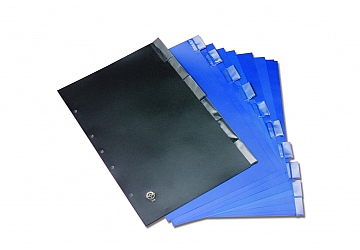 Separador plastico Clingsor Nro.114-6, Oficio, 6 posiciones, PVC 200 micrones de espesor con orejas troqueladas para tarjetas cambiables y visibles de ambos lados. Se utilizan en carpetas de 2 y 3 anillos. Medida: 24 x 34.7 cm