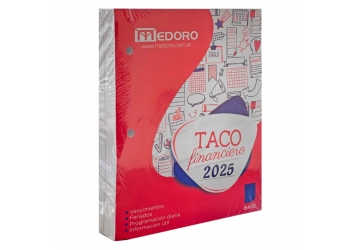 Taco calendario administrativo financiero 2025 Medoro. Formato de 174 x 132 mm. Se utiliza con una base acrílica portataco. Contiene una extensa y valiosa información financiera. Taco de escritorio de página por día. Cuerpo de 640 páginas. Impreso a dos colores. 