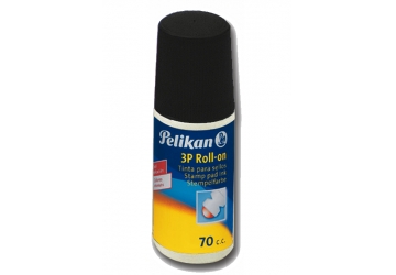 Tinta para sellos 3P Roll On Pelikan. Sin aceite. Exenta de sustancias toxicas. Frasco plastico de 70 cc. Con sistema a bolilla que permite un prolijo, practivo y limpio entintado sobre la almohadilla. Con borde colector especial que evita derrames de tinta 