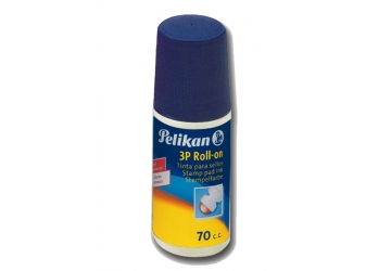 Tinta para sellos 3P Roll On Pelikan. Sin aceite. Exenta de sustancias toxicas. Frasco plastico de 70 cc. Con sistema a bolilla que permite un prolijo, practivo y limpio entintado sobre la almohadilla. Con borde colector especial que evita derrames de tinta 