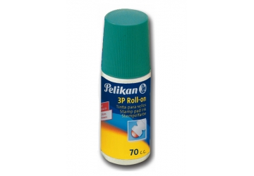 Tinta para sellos 3P Roll On Pelikan. Sin aceite. Exenta de sustancias toxicas. Frasco plastico de 70 cc. Con sistema a bolilla que permite un prolijo, practivo y limpio entintado sobre la almohadilla. Con borde colector especial que evita derrames de tinta 
